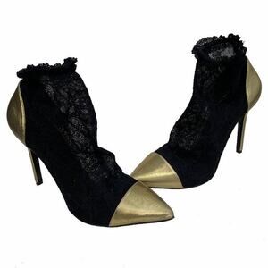 Stella Luna Black Lace & Gold Pointed Toe Booties, Size 38 (US 8), Ankle Boots